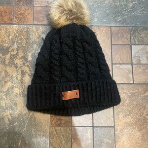Black Cable Knit Pom Pom Beanie with Faux Fur